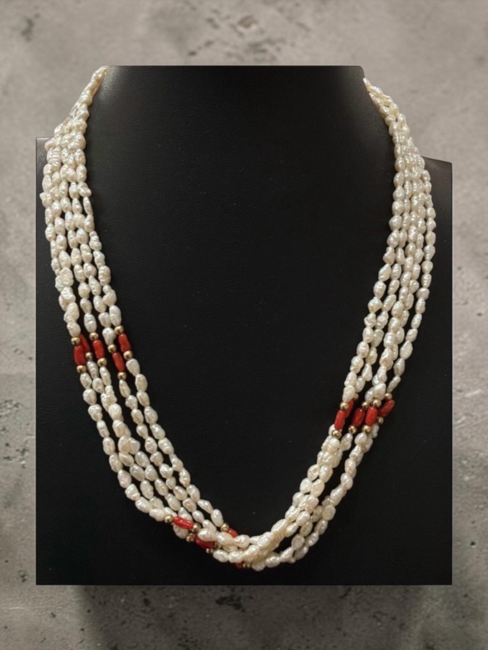 Multi-Strand Freshwater Keshi Pearl Necklace & Red Coral w/Gold Tone Accents